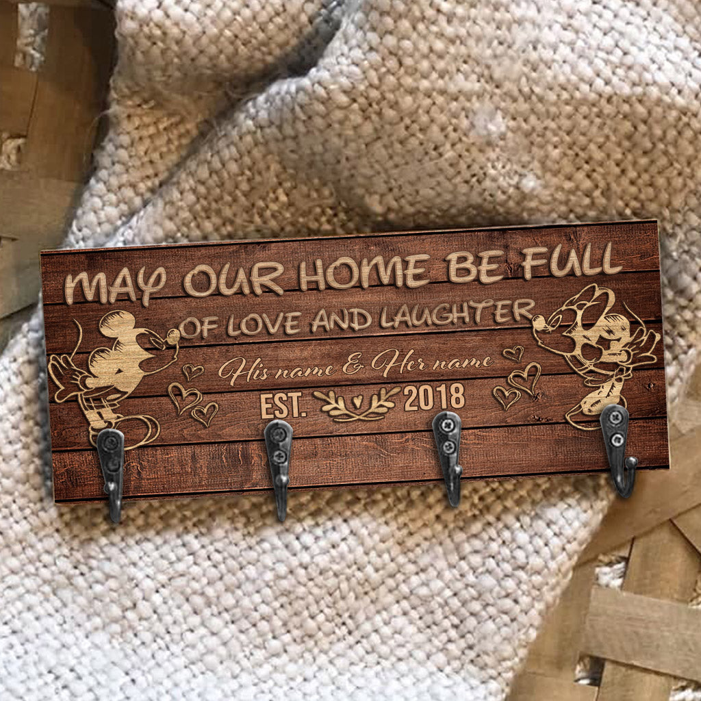 Personalized Love and Laughter Key Rack with Custom Names - Rustic Wooden Design