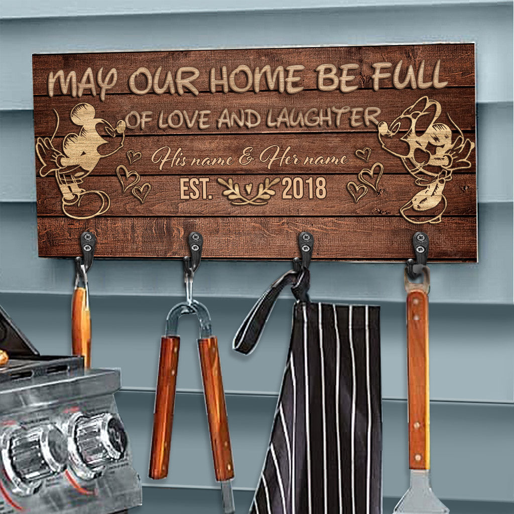 Personalized Love and Laughter Key Rack with Custom Names - Rustic Wooden Design