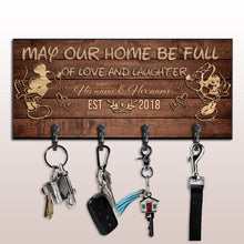 Load image into Gallery viewer, Personalized Love and Laughter Key Rack with Custom Names - Rustic Wooden Design
