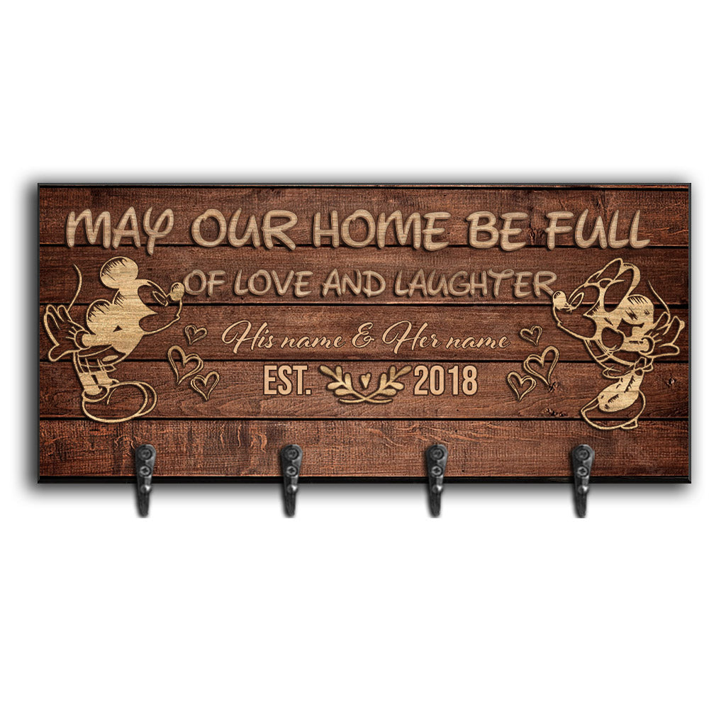 Personalized Love and Laughter Key Rack with Custom Names - Rustic Wooden Design