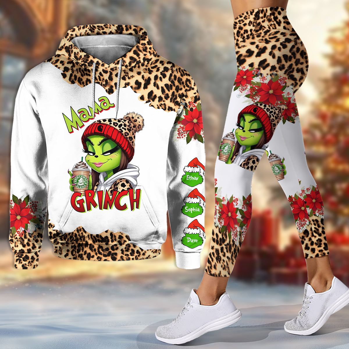 Personalized Grinch Mama Hoodie & Leggings Set Custom Name Gift for Christmas