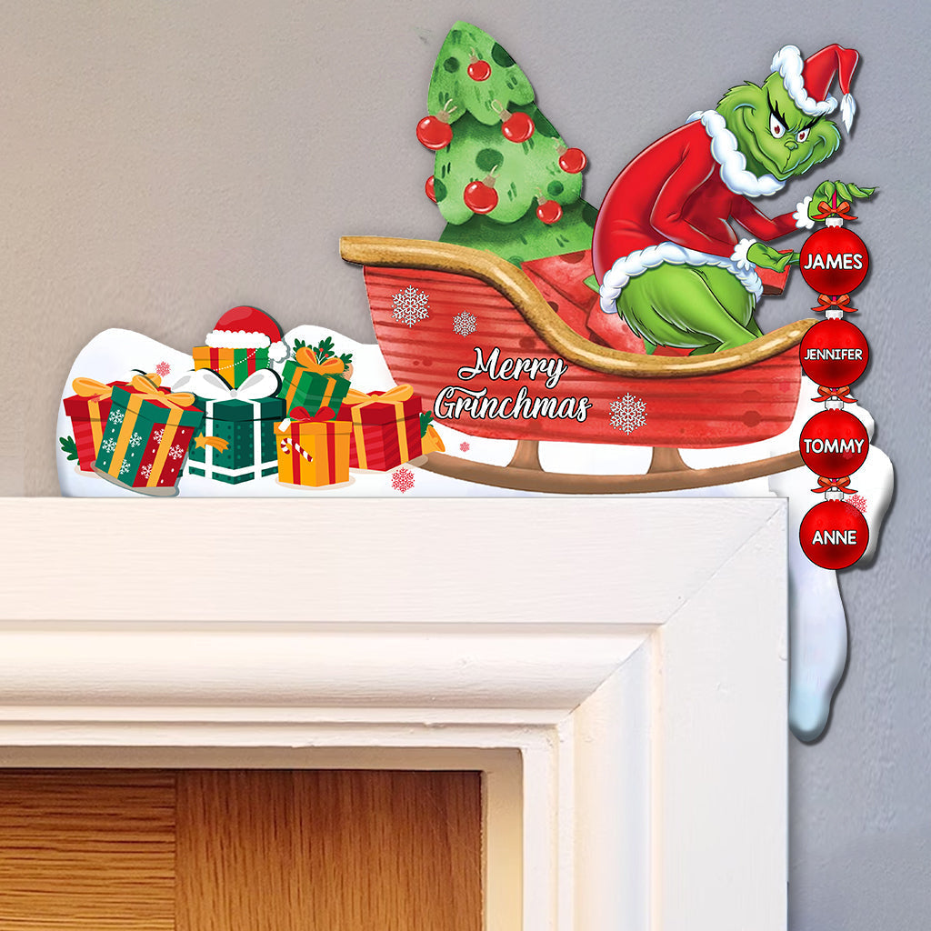 Personalized Grinch Door Frame Decoration with Custom Names for Christmas