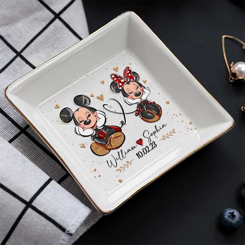 Personalized Couple Jewelry Dish with Mickey & Minnie Design for Anniversary Gift
