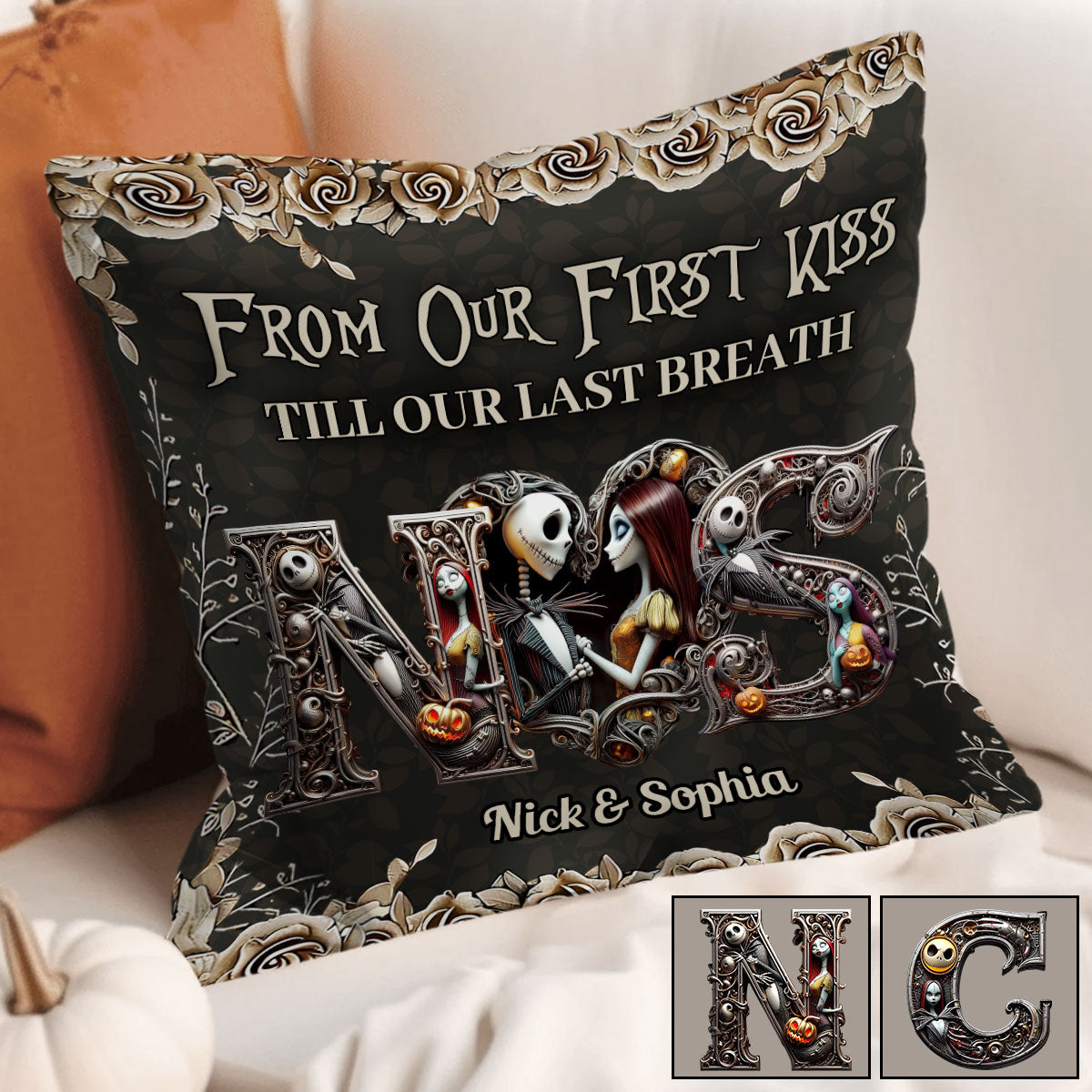 Personalized Nightmare Themed Throw Pillow Custom Names Gift for Couple