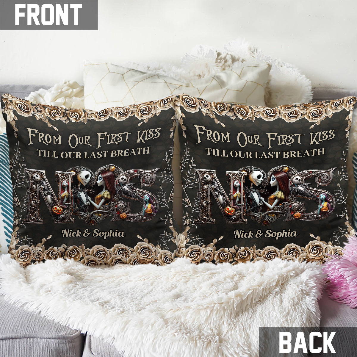 Personalized Nightmare Themed Throw Pillow Custom Names Gift for Couple