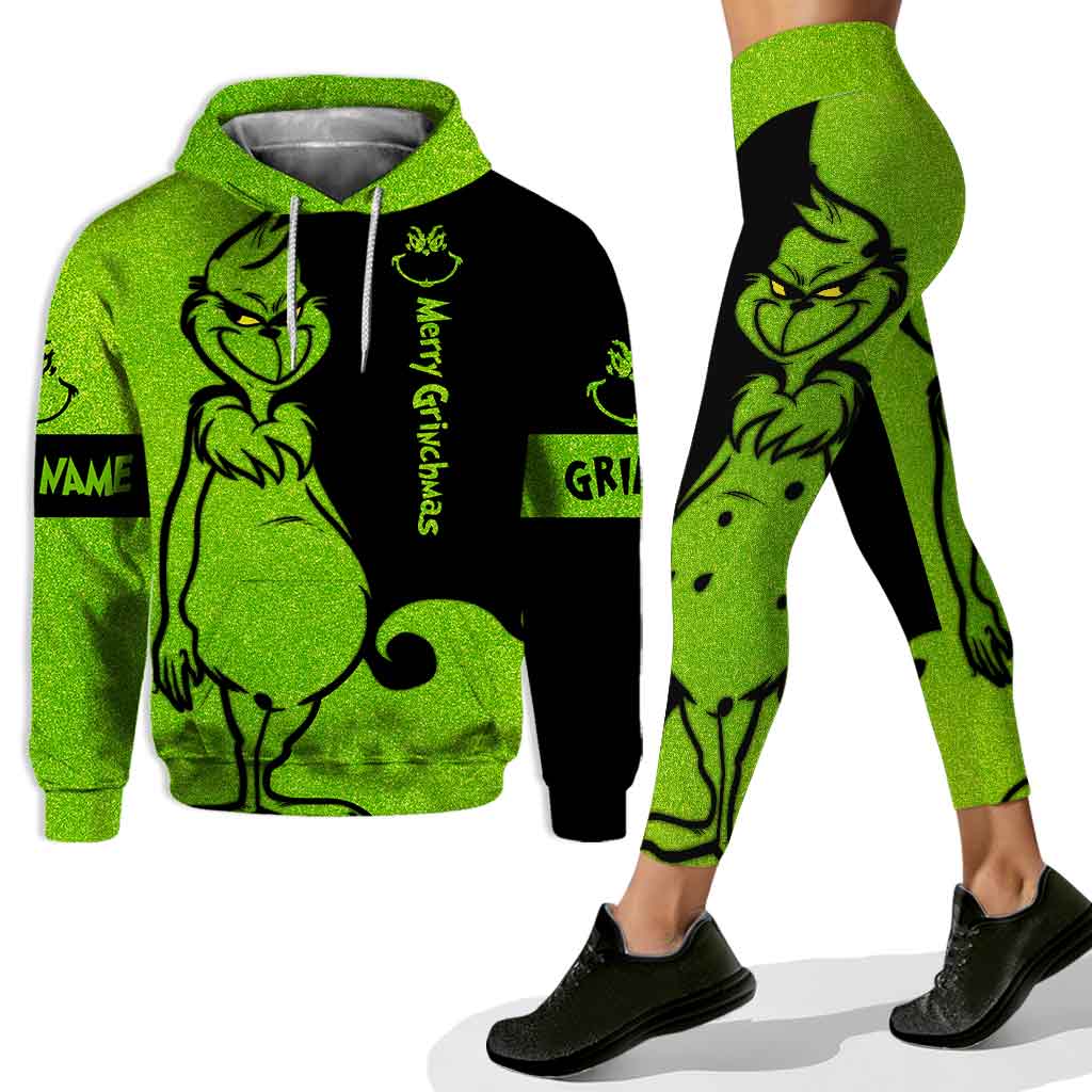 Personalized Grinch Hoodie and Leggings Set for Christmas