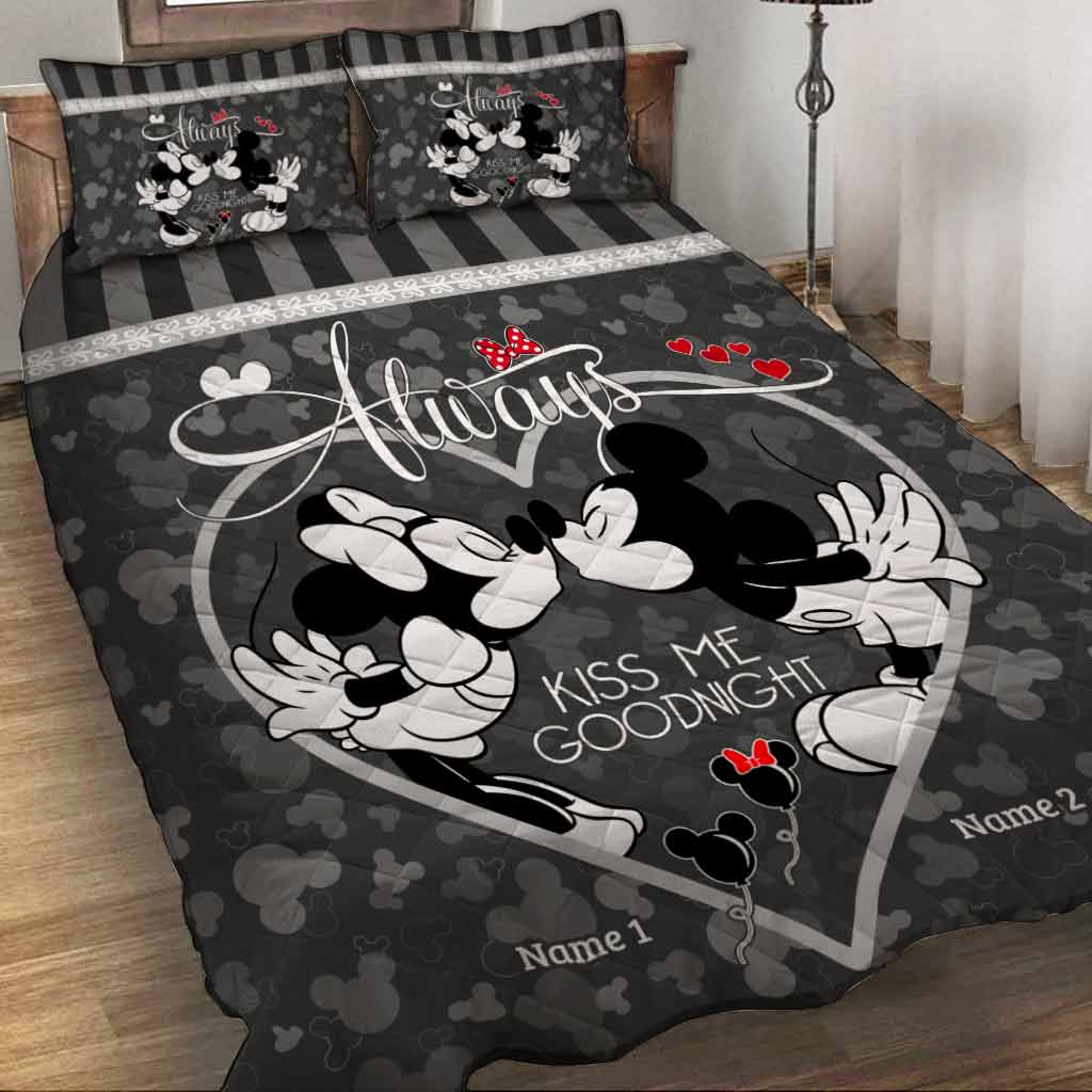 Personalized Mickey Mouse Kiss Me Goodnight Quilt Set for Couples