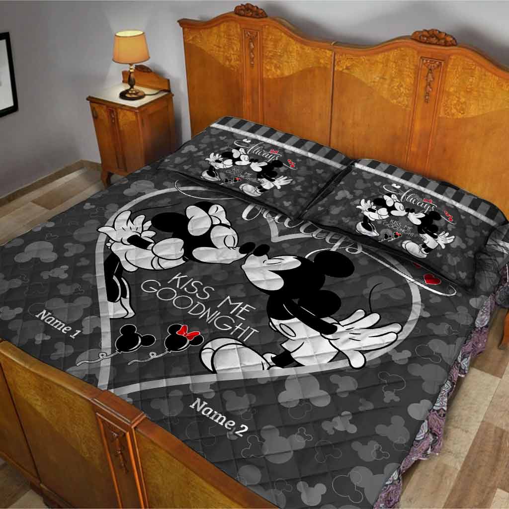 Personalized Mickey Mouse Kiss Me Goodnight Quilt Set for Couples