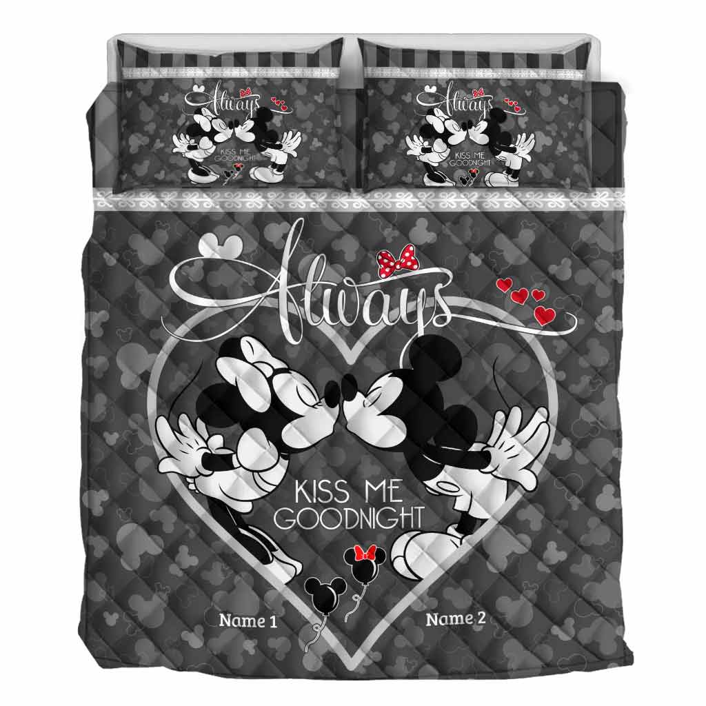 Personalized Mickey Mouse Kiss Me Goodnight Quilt Set for Couples