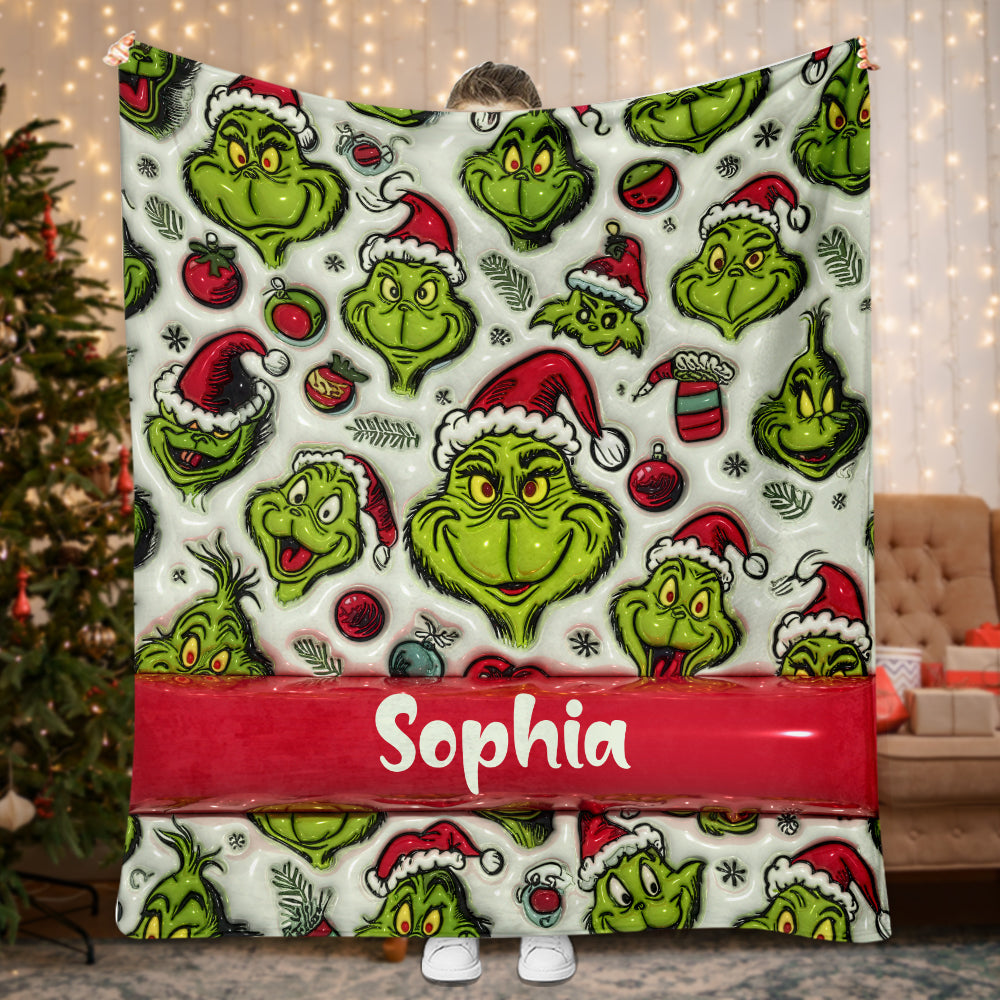 Personalized Grinch Christmas Blanket Custom Name Gift