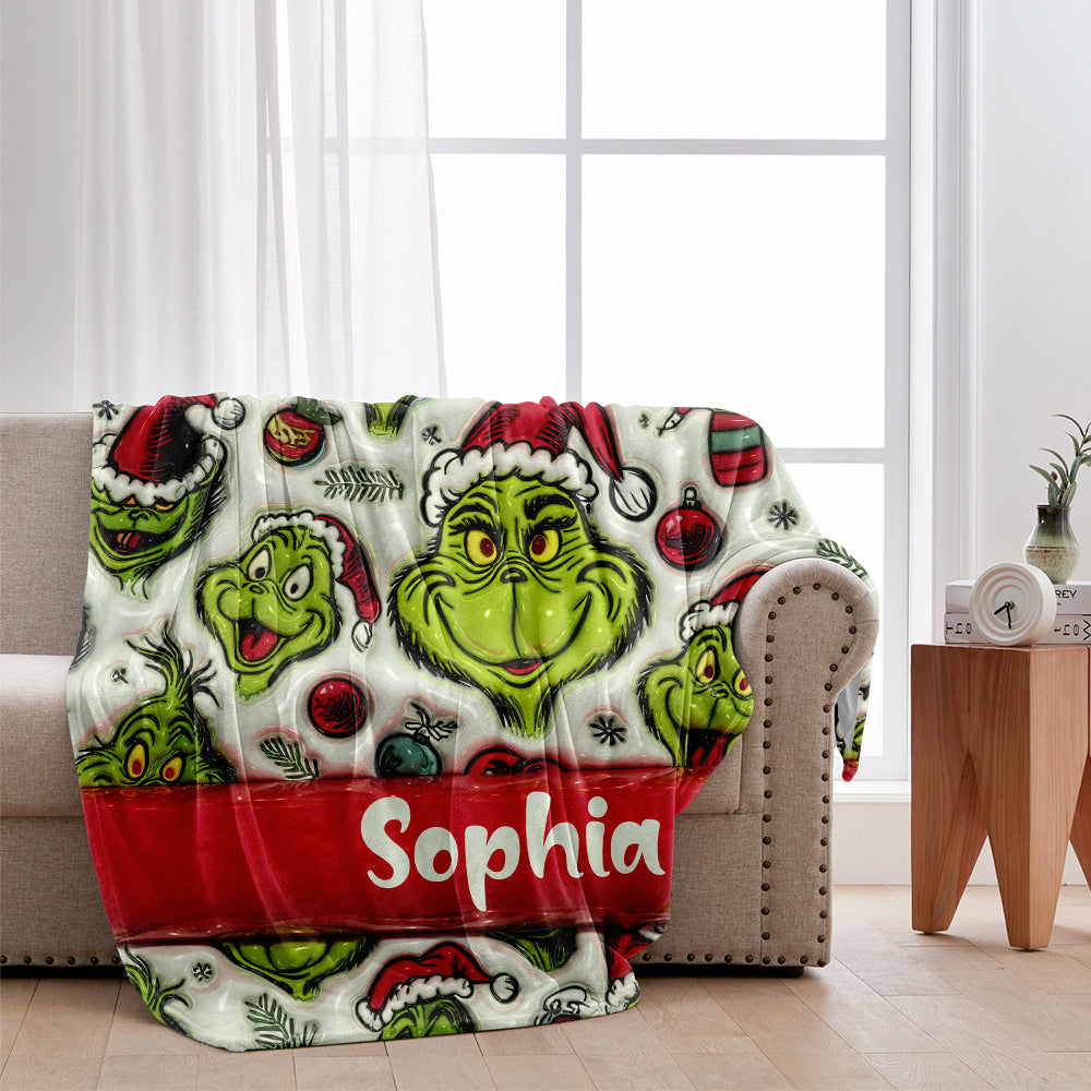 Personalized Grinch Christmas Blanket Custom Name Gift