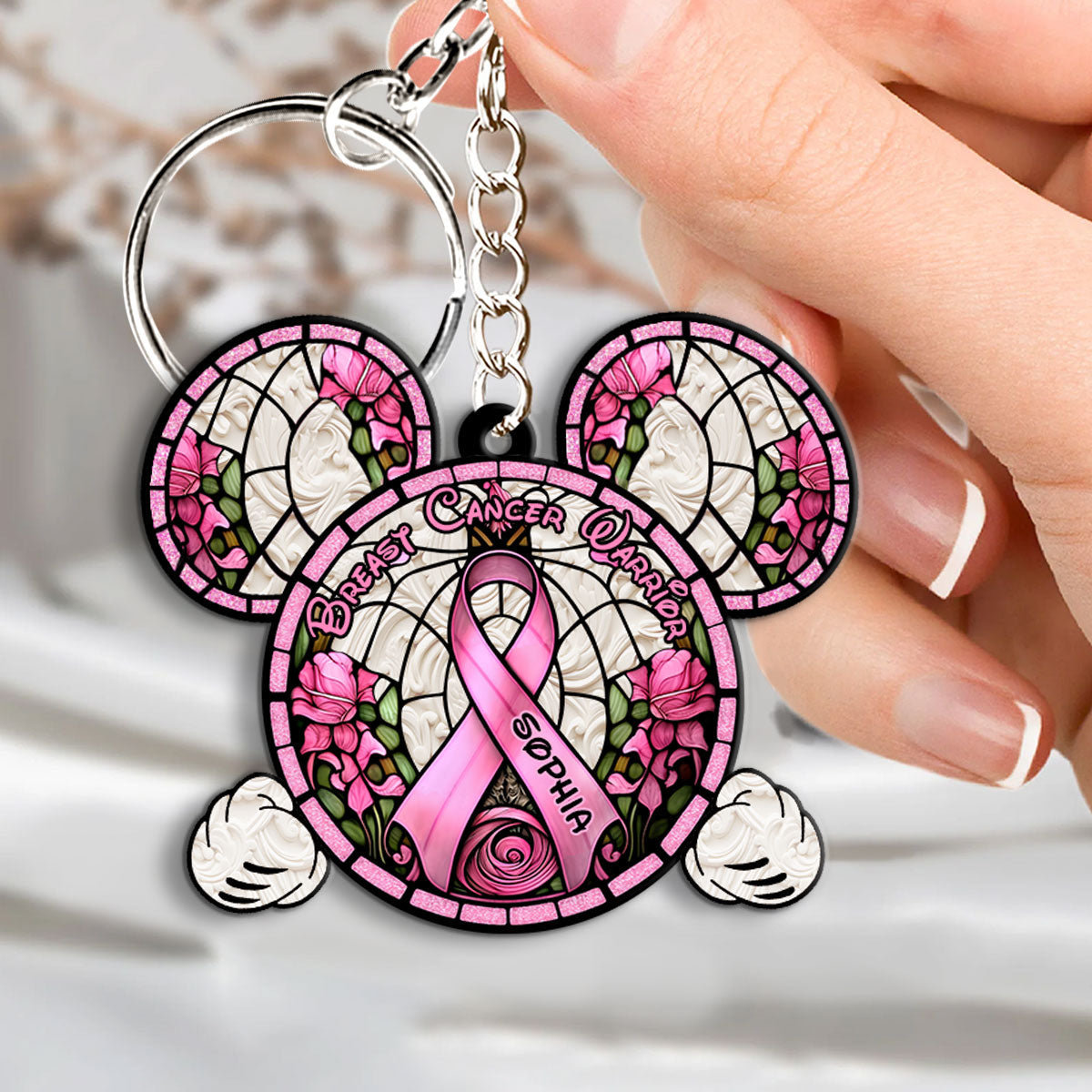 Personalized Breast Cancer Warrior Mouse Keychain Custom Name Gift