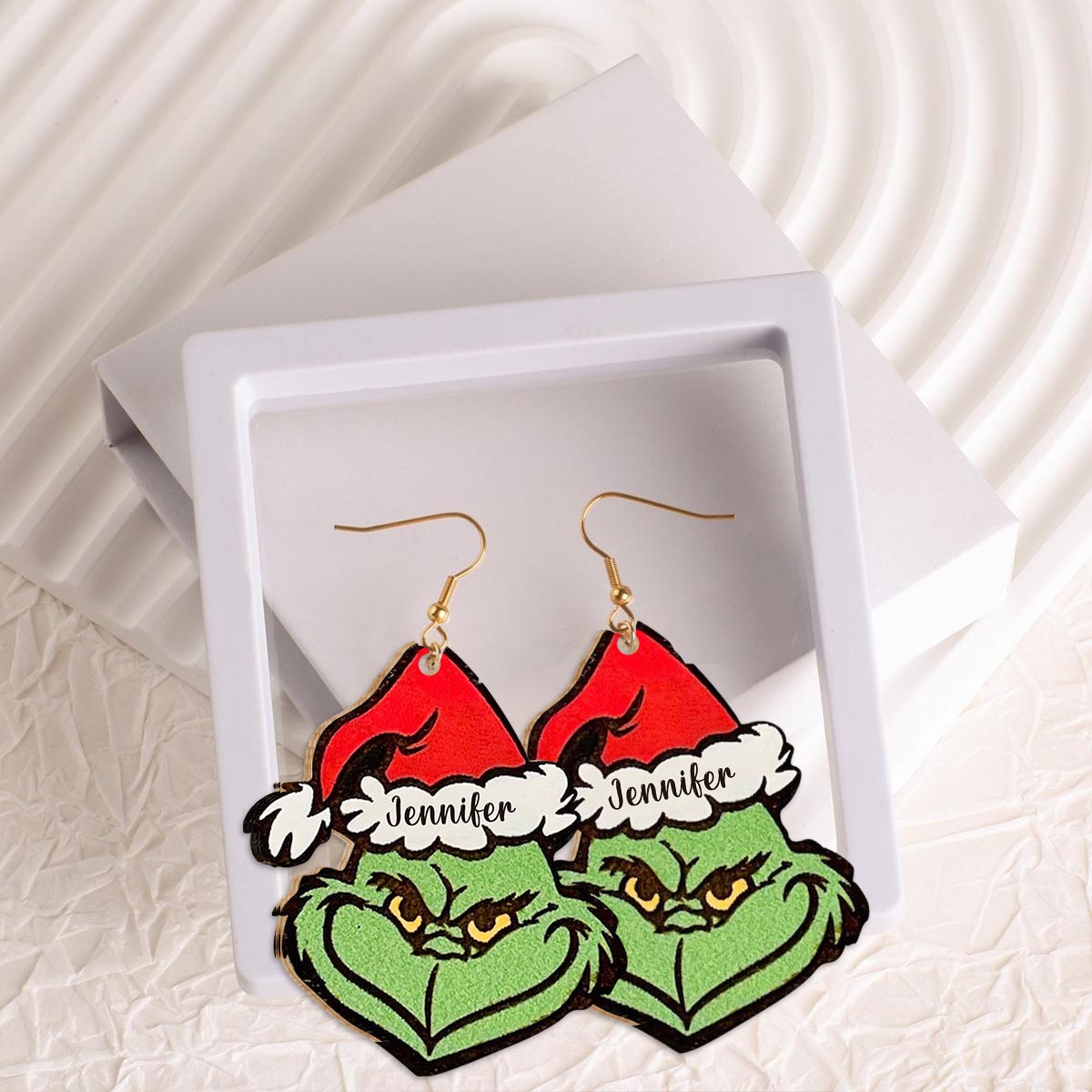 Personalized Wooden Christmas Earrings Custom Grinch Design Gift