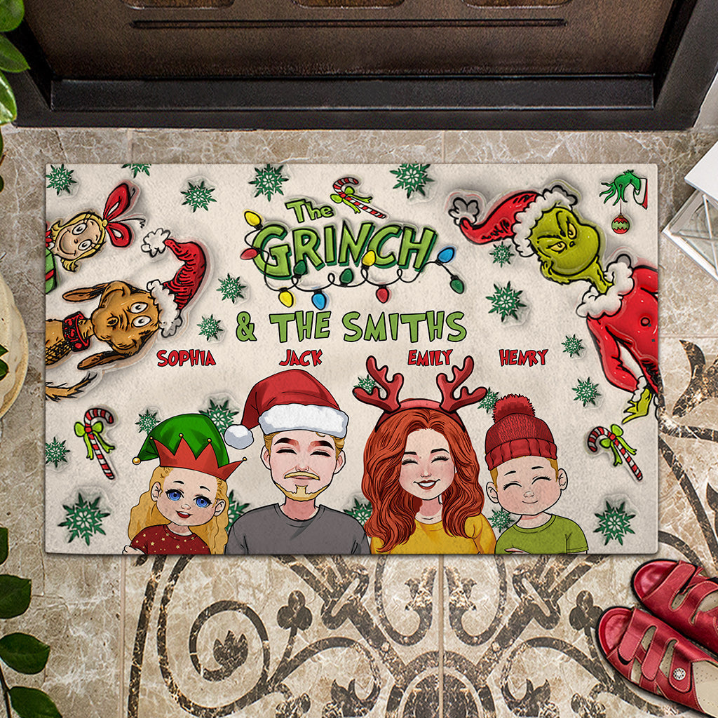 Personalized Grinch Family Doormat Custom Holiday Decor