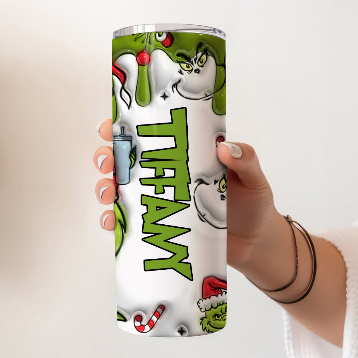 Personalized Grinch Christmas Skinny Tumbler Custom Name Gift