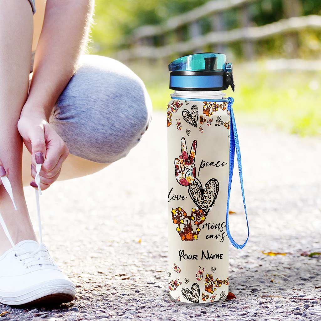 Personalized Peace Love Mouse Ears Water Tracker Bottle - 32oz Custom Name Gift