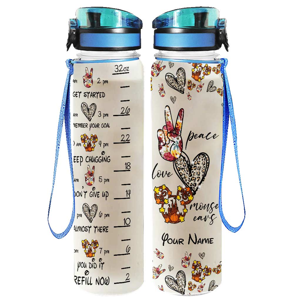 Personalized Peace Love Mouse Ears Water Tracker Bottle - 32oz Custom Name Gift
