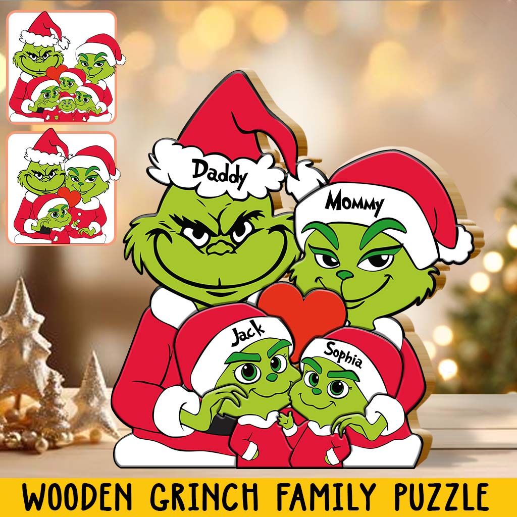 Personalized Grinch Family Shaped Wooden Puzzle Gift