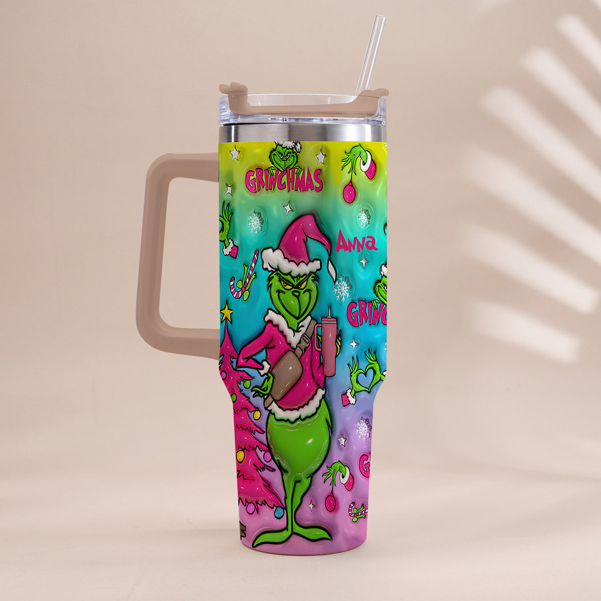 Personalized Grinch Christmas Tumbler With Handle Gift for Mom