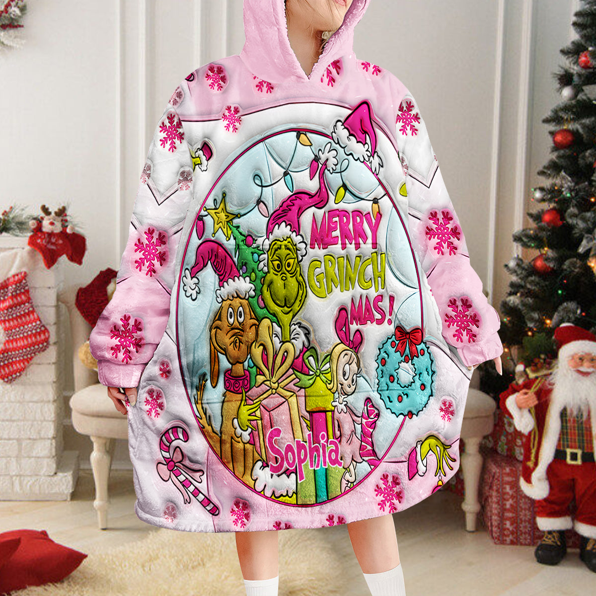 Personalized Merry Grinchmas Blanket Hoodie for Kids - Custom Name Christmas Gift