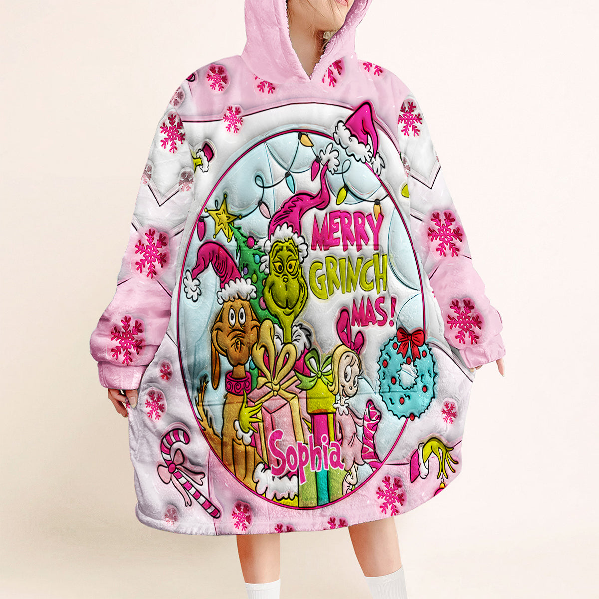 Personalized Merry Grinchmas Blanket Hoodie for Kids - Custom Name Christmas Gift
