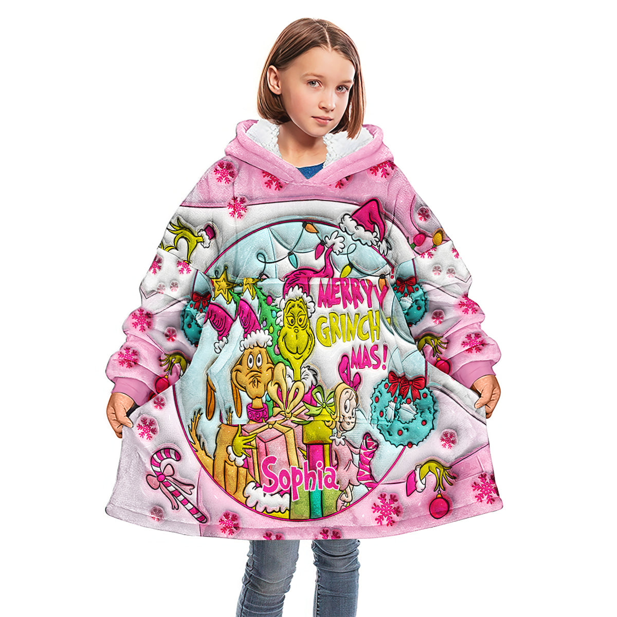 Personalized Merry Grinchmas Blanket Hoodie for Kids - Custom Name Christmas Gift