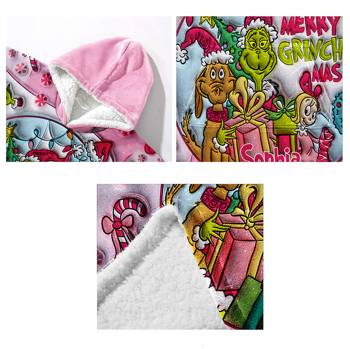 Personalized Merry Grinchmas Blanket Hoodie for Kids - Custom Name Christmas Gift