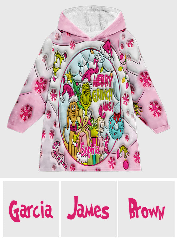 Personalized Merry Grinchmas Blanket Hoodie for Kids - Custom Name Christmas Gift