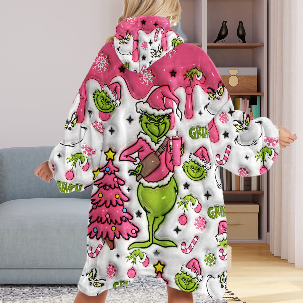 Personalized Grinch Blanket Hoodie Custom Name Gift for Christmas