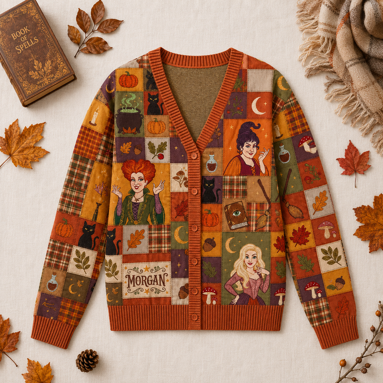 Personalized Witch Sisters Patchwork Cardigan for Halloween
