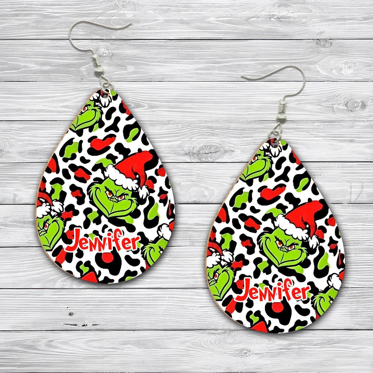 Personalized Grinch Wooden Earrings Custom Name Gift for Christmas