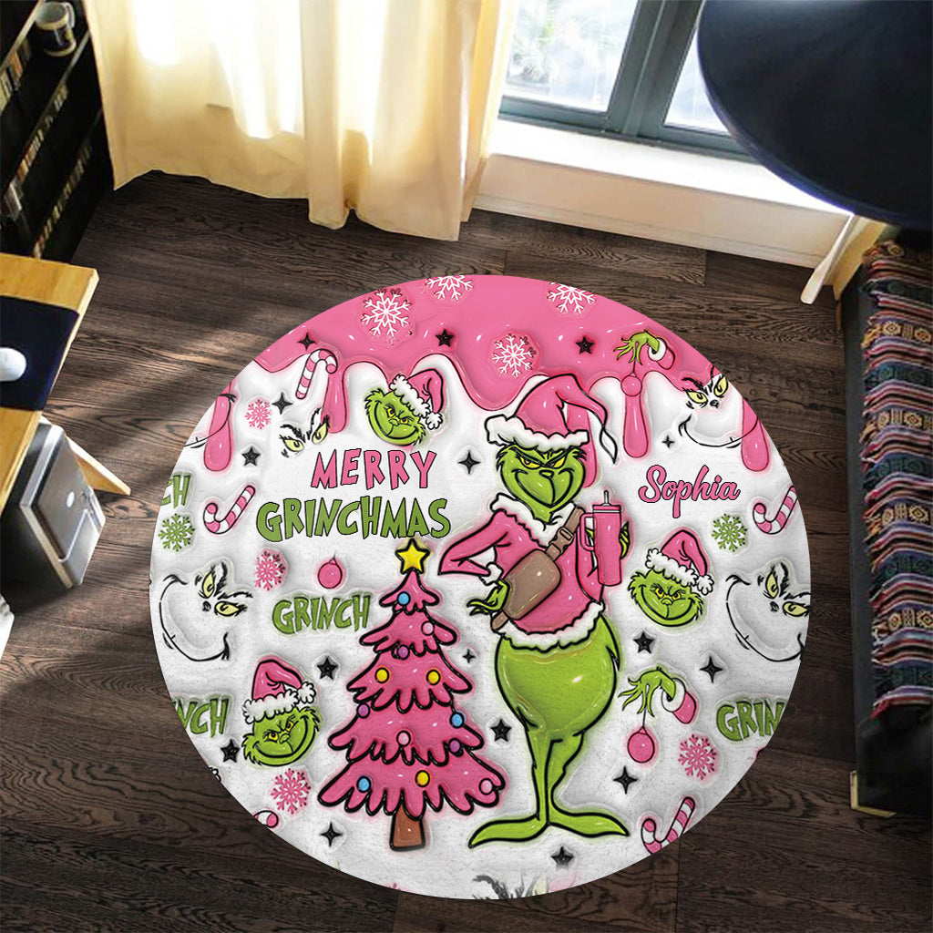 Personalized Grinchmas Round Rug Custom Name Christmas Decor