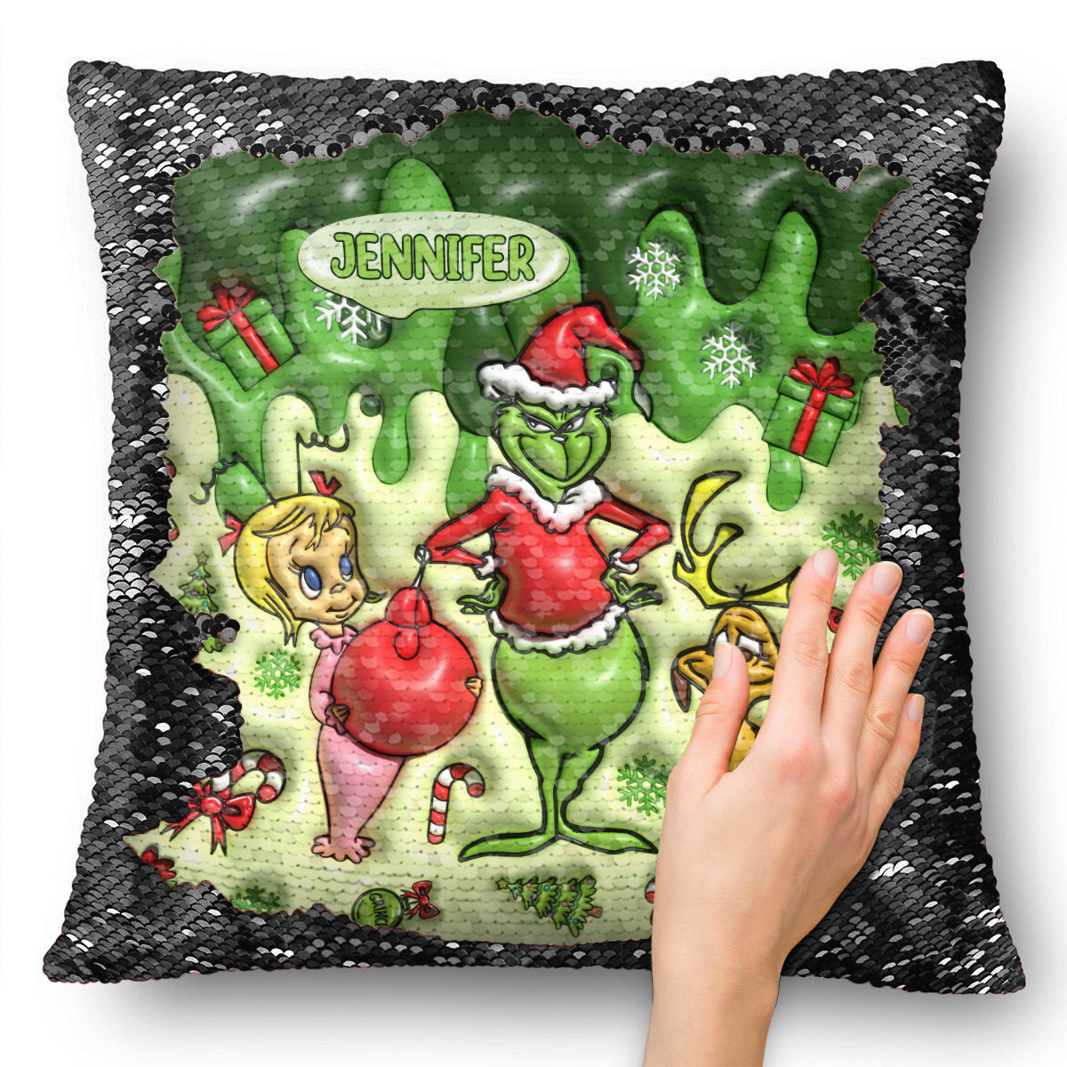 Personalized Sequin Pillow Cover with Grinch Design for Christmas Gift