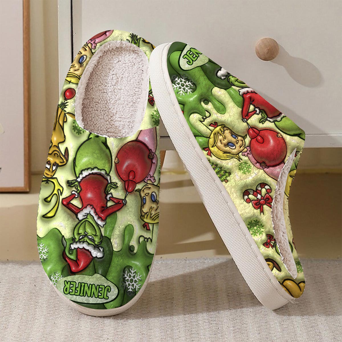 Personalized Christmas Slippers with Grinch Design for Adults | Cozy Holiday Gift