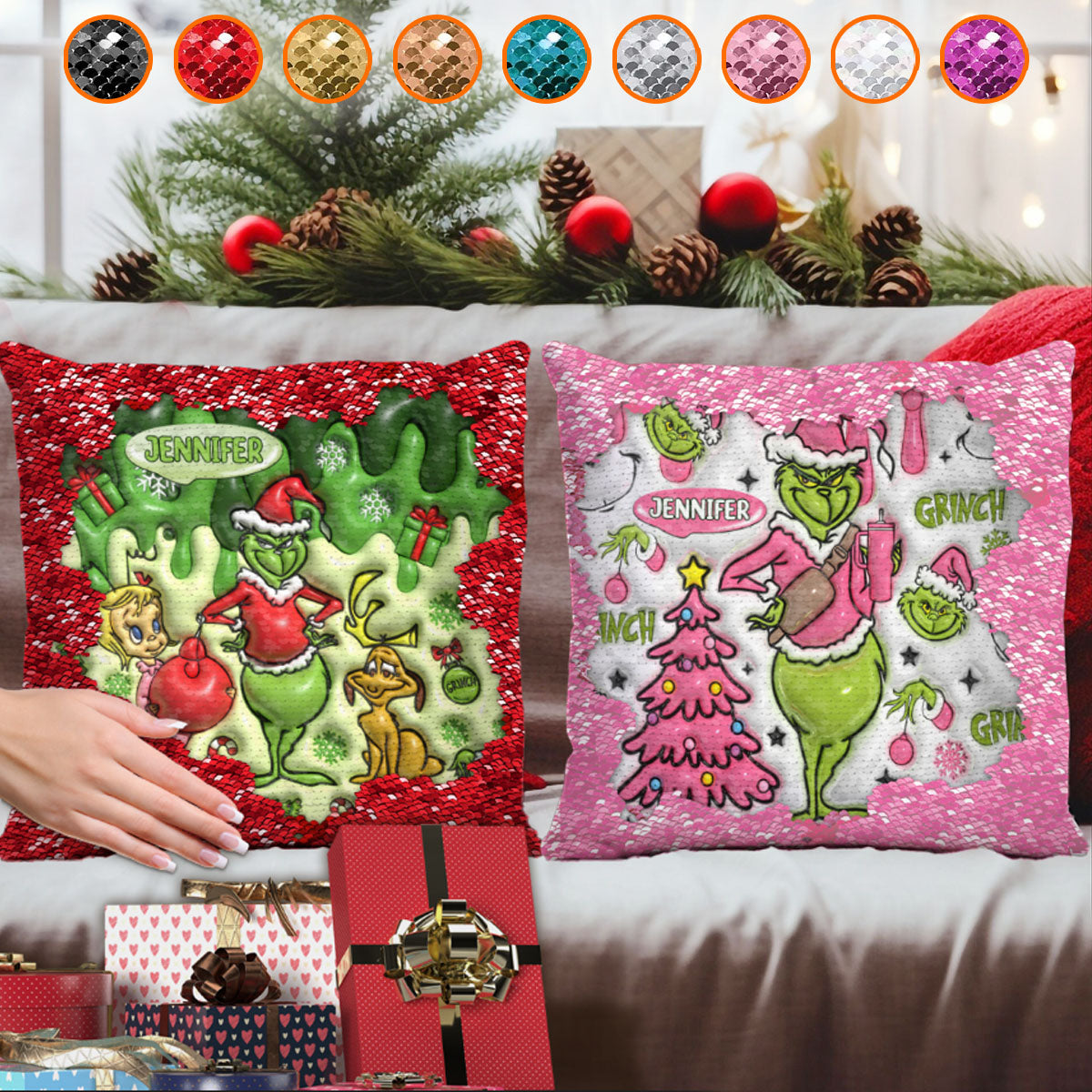 Personalized Sequin Pillow Cover with Grinch Design for Christmas Gift