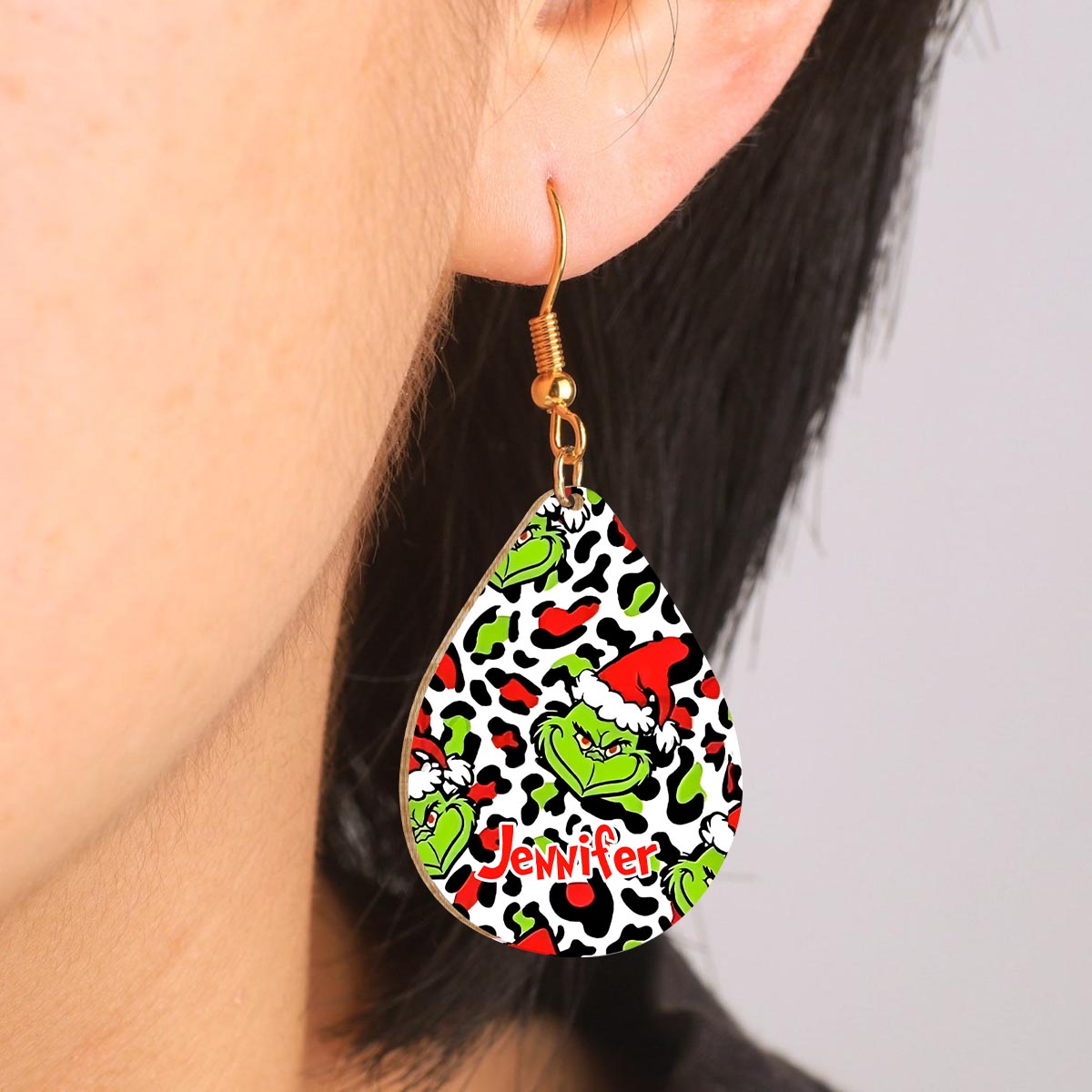 Personalized Grinch Wooden Earrings Custom Name Gift for Christmas