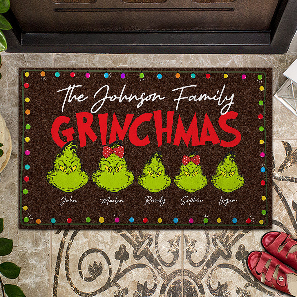 Personalized Grinch Christmas Doormat Custom Family Name Gift