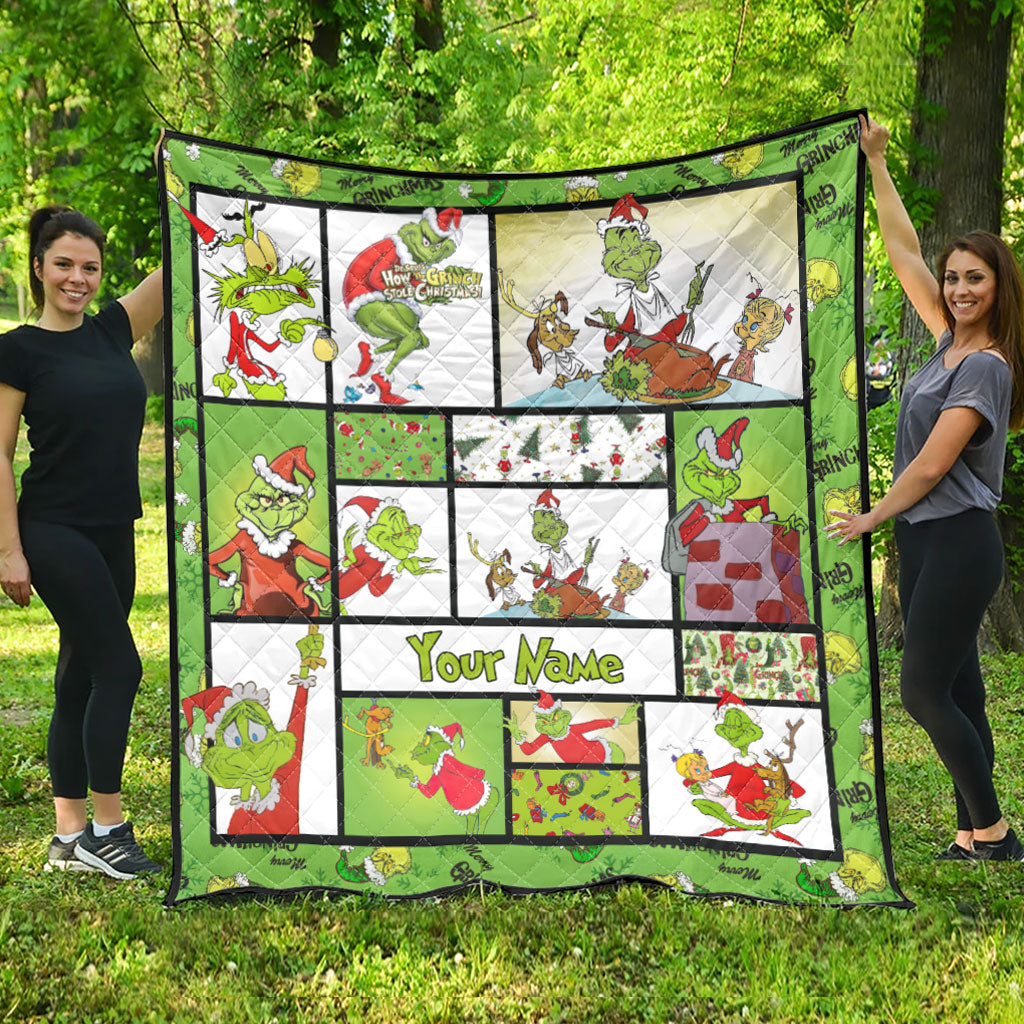 Personalized Grinch Christmas Quilt Custom Name Gift