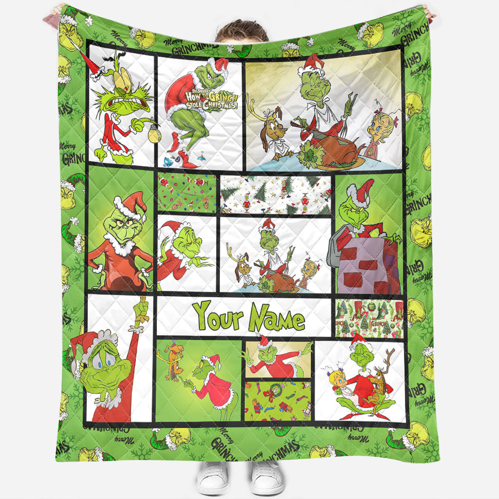 Personalized Grinch Christmas Quilt Custom Name Gift