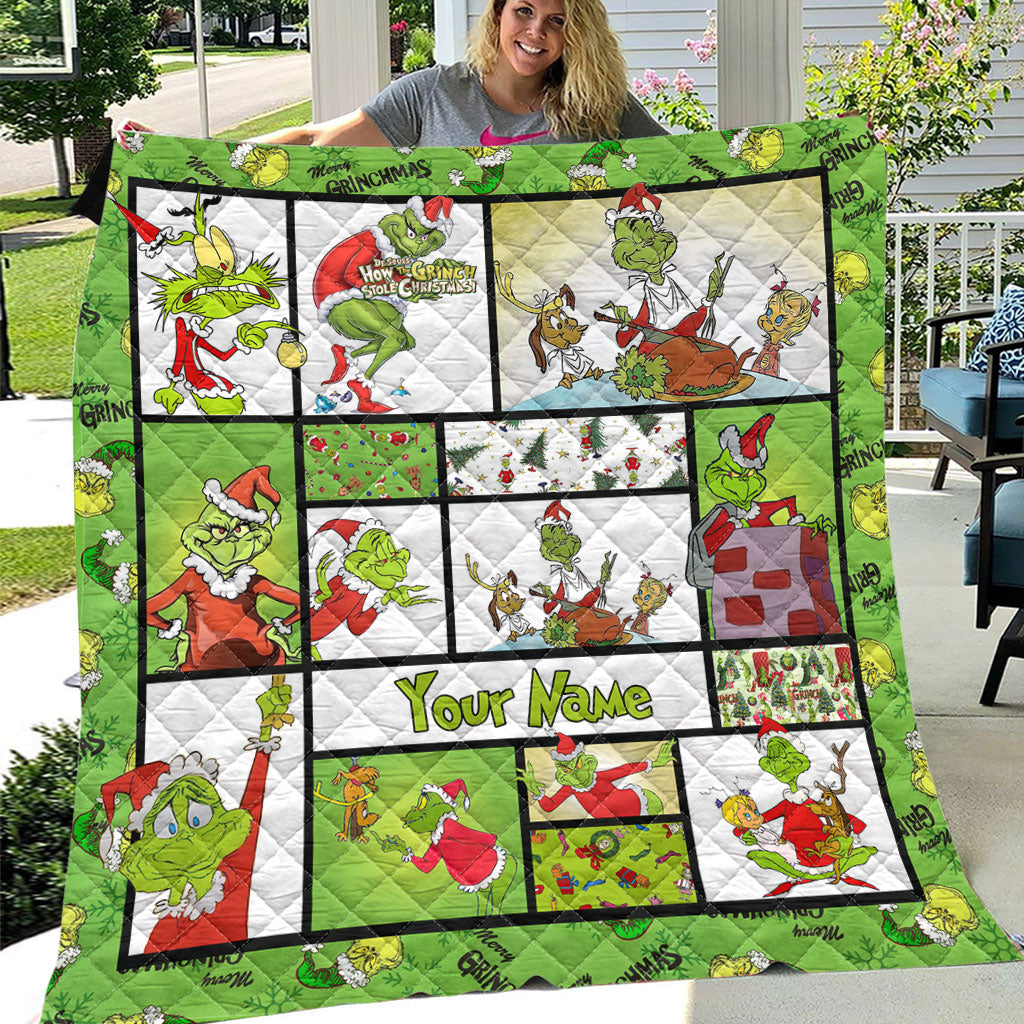 Personalized Grinch Christmas Quilt Custom Name Gift