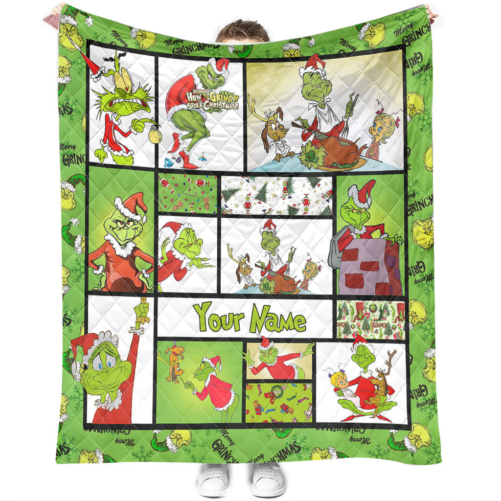 Personalized Grinch Christmas Quilt Custom Name Gift