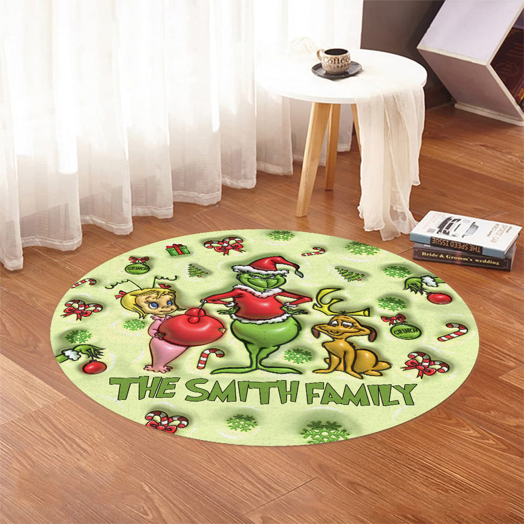 Personalized Grinch Christmas Round Rug Custom Family Name
