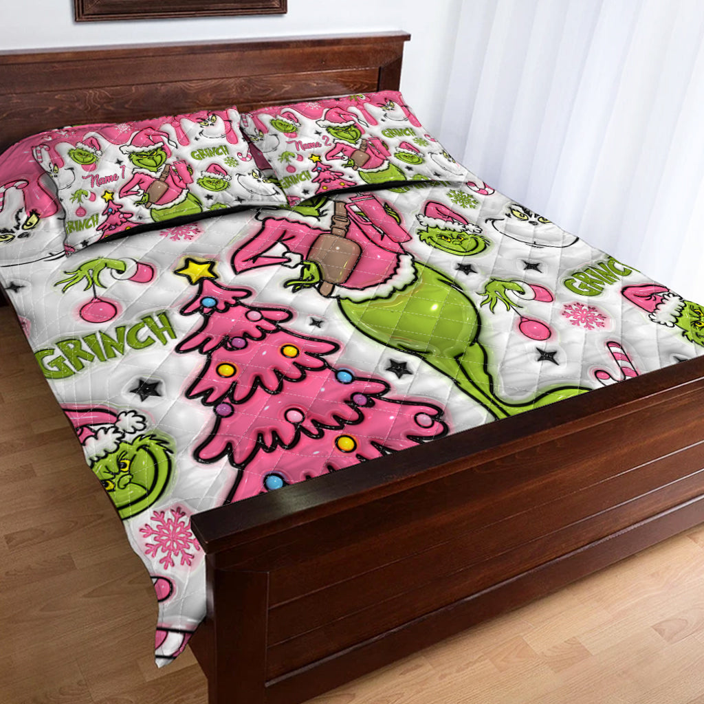 Personalized Grinch Christmas Quilt Set with Pillow Covers