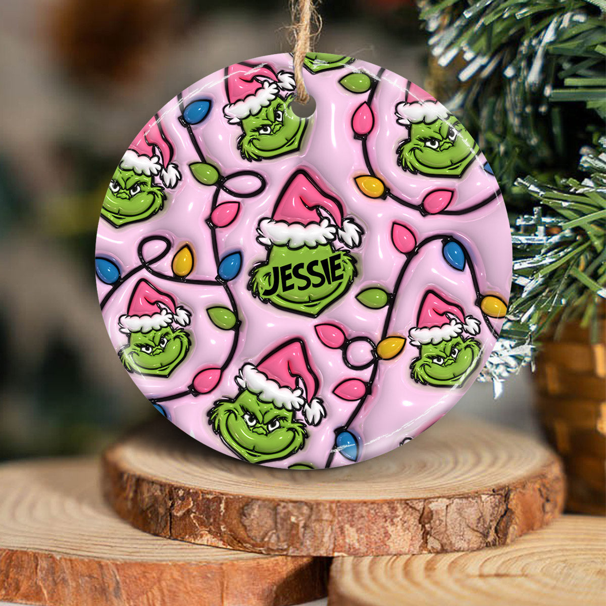 Personalized Grinch Christmas Ceramic Circle Ornament for Kids