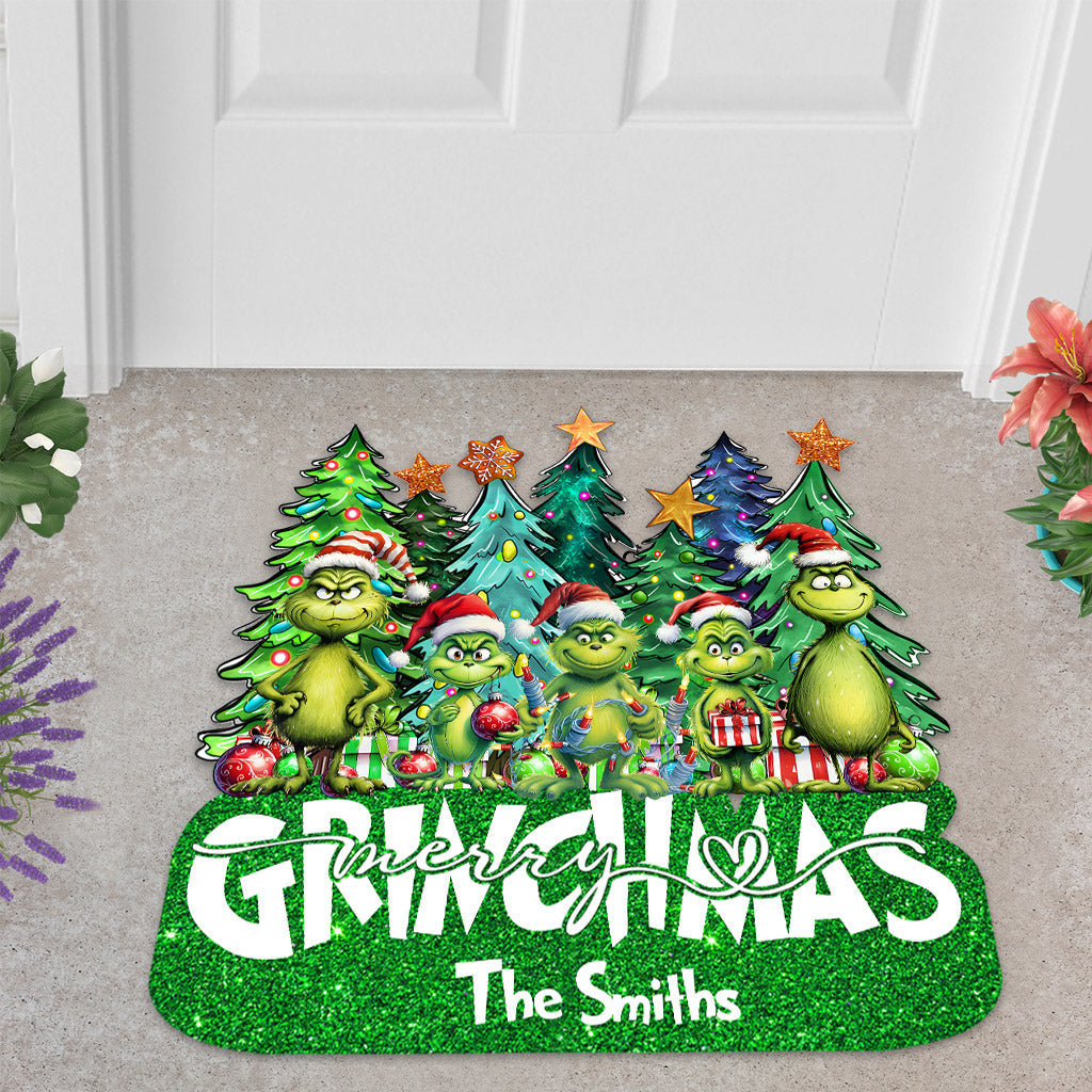 Personalized Merry Grinchmas Shaped Doormat Custom Family Name Holiday Decor
