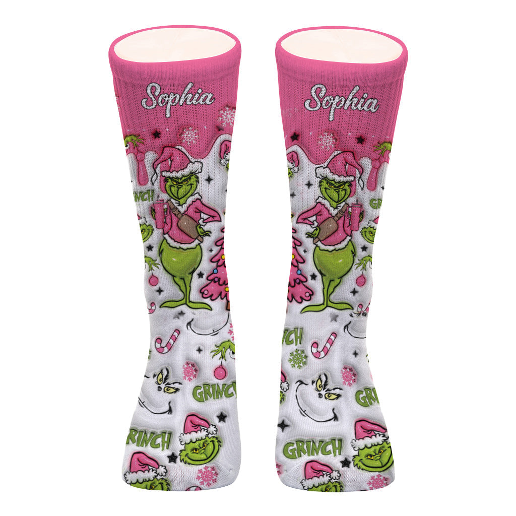 Personalized Grinch Socks Custom Name Holiday Gift for Her
