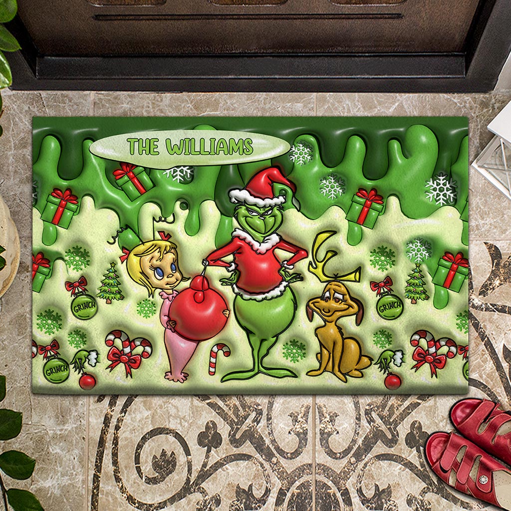 Personalized Grinch Christmas Doormat Custom Family Name Gift