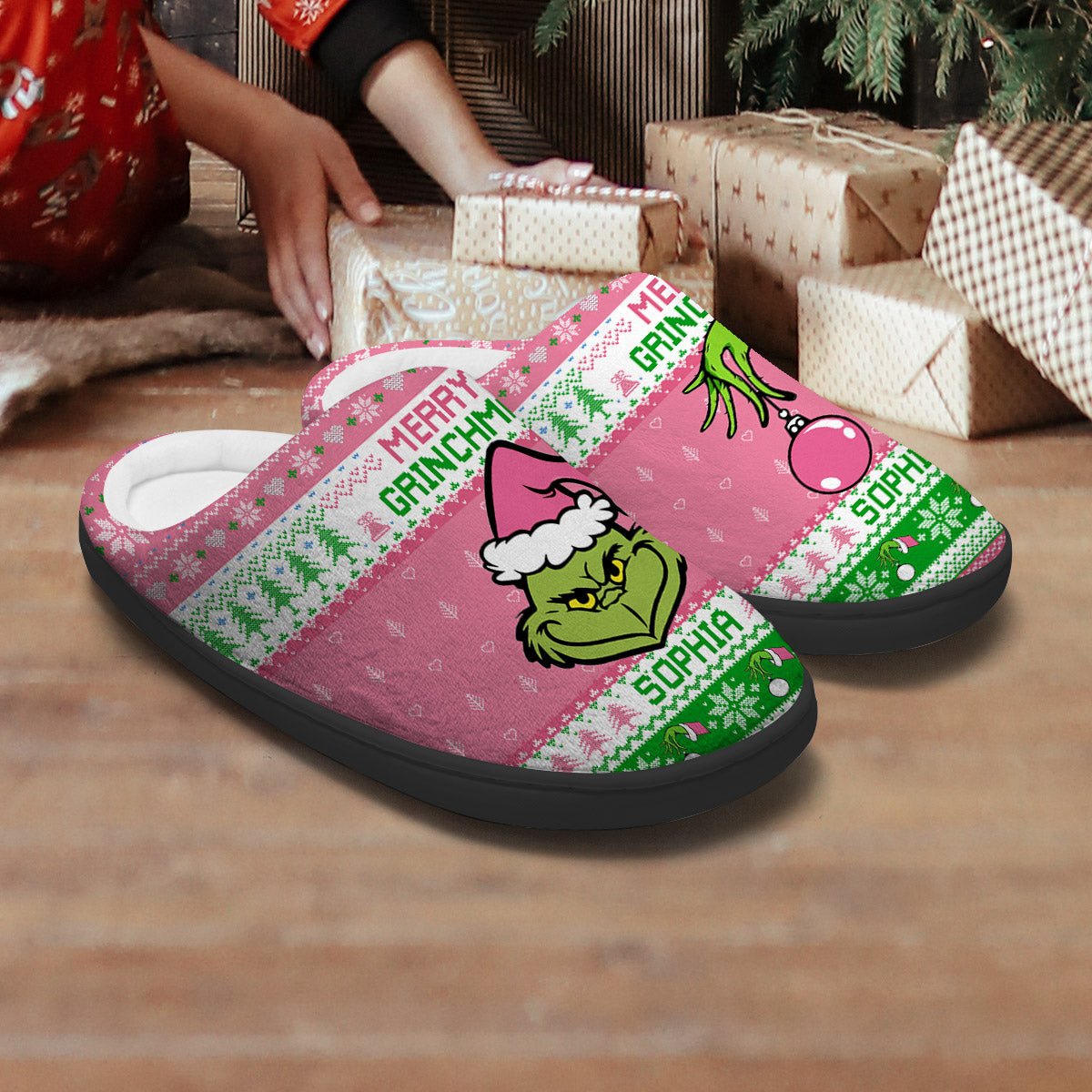 Personalized Merry Grinchmas Slippers Custom Name Holiday Gift