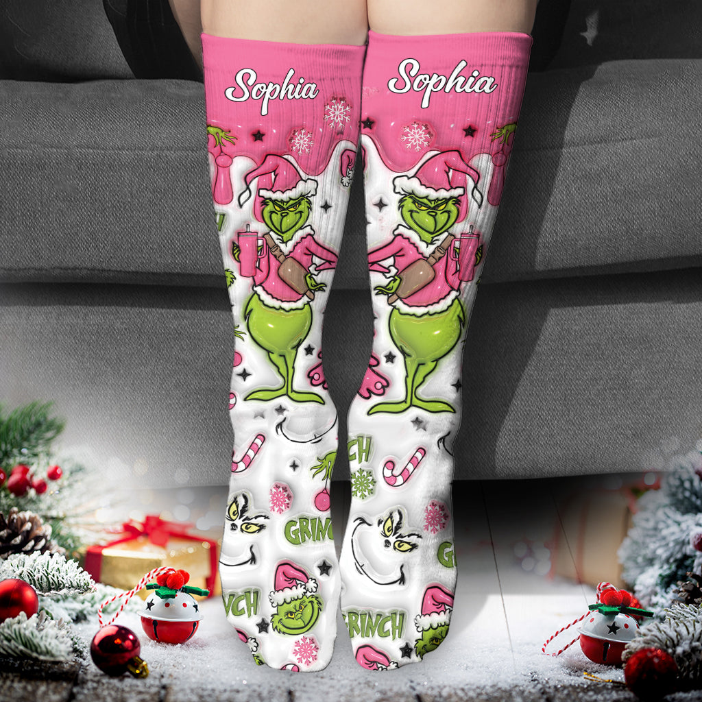Personalized Grinch Socks Custom Name Holiday Gift for Her