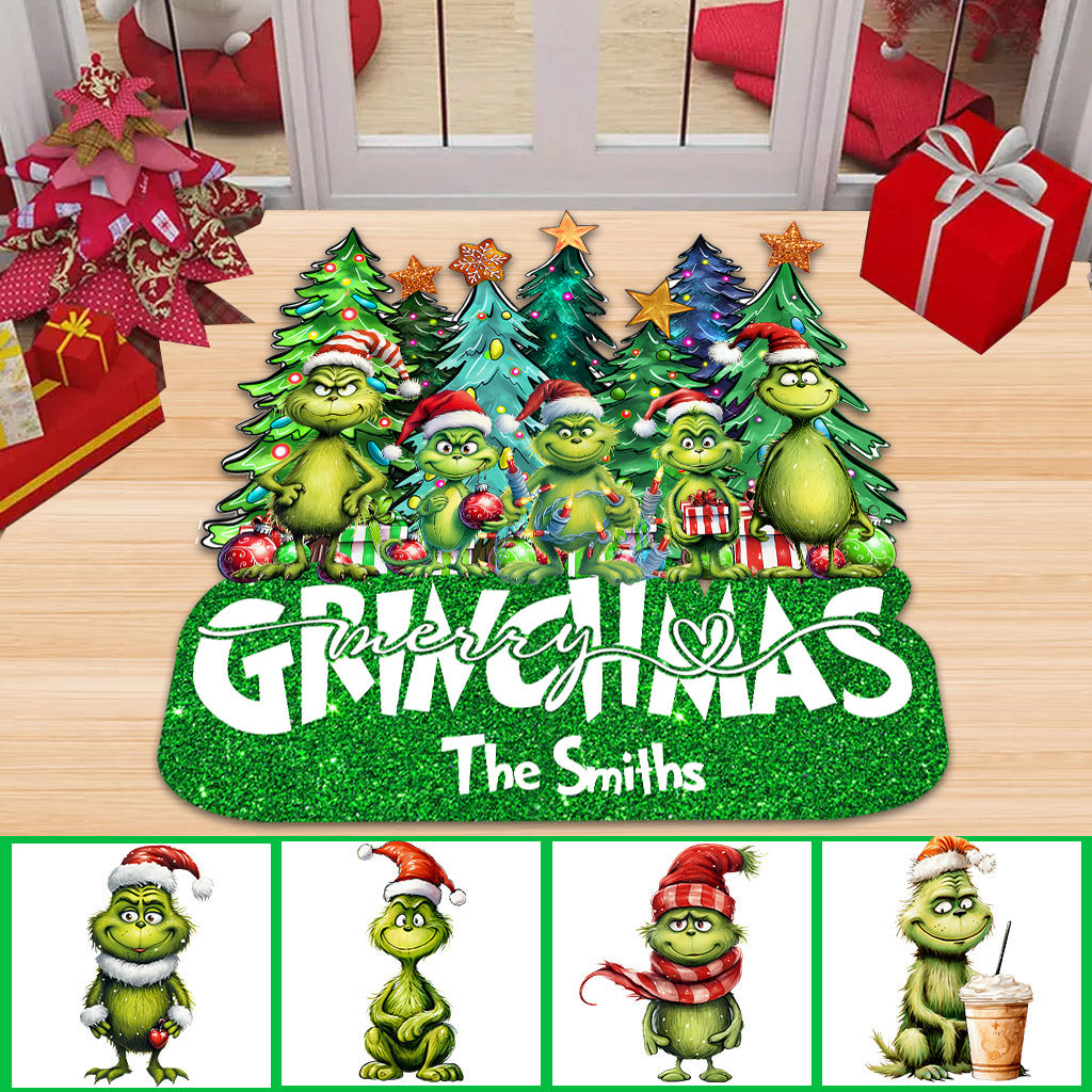 Personalized Merry Grinchmas Shaped Doormat Custom Family Name Holiday Decor